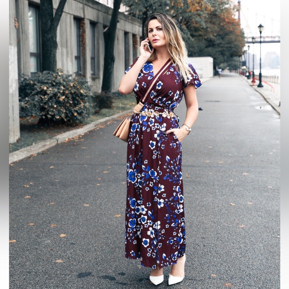 Banana Republic Dresses & Skirts - Banana Republic Burgandy Blue Floral Faux Wrap V-Neck Maxi Dress Size S